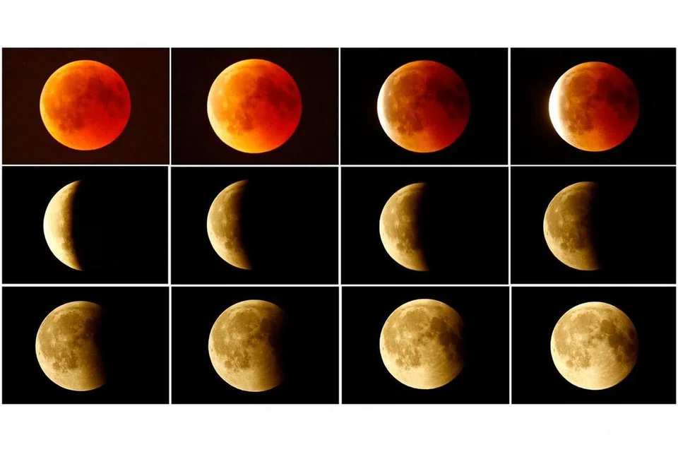 MENGAGUMKAN: Gabungan gambar gerhana bulan daripada bulan berdarah (atas kiri) kembali kepada bulan penuh (bawah kanan) di langit Frankfurt, Jerman, kelmarin. - Foto REUTERS