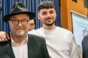 Ahli politik veteran Britain, Encik George Galloway (kiri), bersama anaknya, Zein, ketika menghadiri program syarahan umum, ‘Gaza Exposes the Complicity of International Actors’ di Kuala Lumpur, pada 12 Januari.