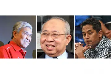 NAFAS LAMA?: Tinjauan menunjukkan peluang Datuk Seri Dr Ahmad Zahid Hamidi (kiri) dipilih menerajui Umno dalam pemilihan parti itu hari ini lebih cerah berbanding anggota veteran Tengku Razaleigh Hamzah (tengah) dan bekas ketua sayap Pemuda, Encik Khairy Jamaluddin.