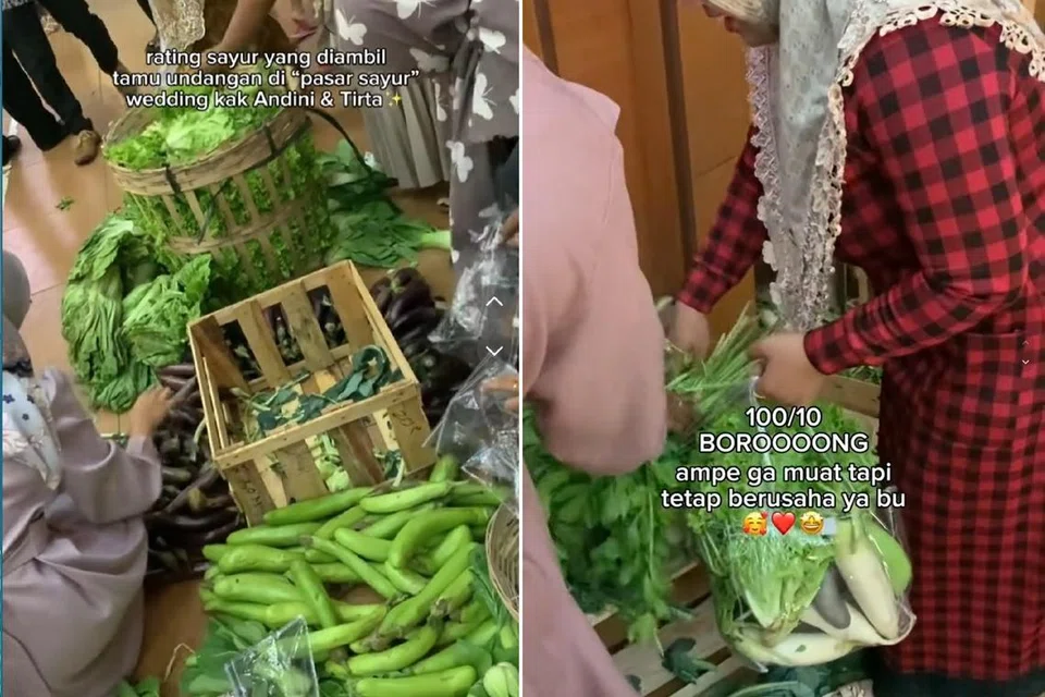 BERKAT WALIMAH: Tetamu di salah satu majlis walimah di Surabaya pada 9 September 2023 kelihatan memilih beraneka jenis sayur sebagai berkat untuk dibawa pulang.