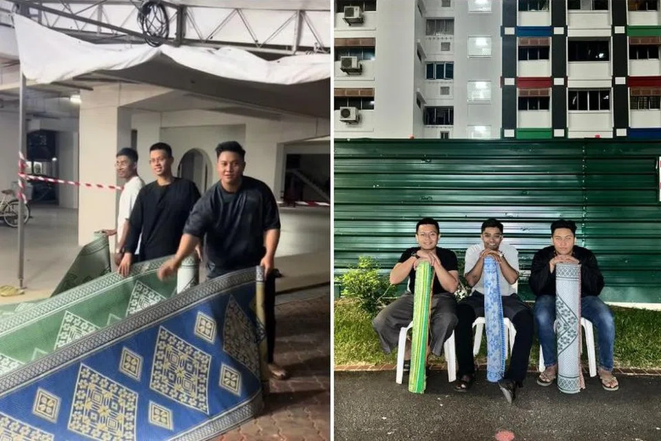 BUAT TUGAS LEBIH SERONOK: Tiga teman akrab yang melibatkan diri sebagai anggota kumpulan kariah Blok 450, Tampines Street 42, mengadakan cabaran siapa yang gulung tikar paling cepat.