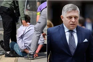 Seorang lelaki ditahan (kiri) selepas Perdana Menteri Slovakia, Encik Robert Fico (kanan) ditembak bebeberapa kali, di Handlova, Slovakia, pada 15 Mei. 