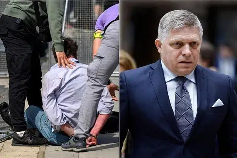 Seorang lelaki ditahan (kiri) selepas Perdana Menteri Slovakia, Encik Robert Fico (kanan) ditembak bebeberapa kali, di Handlova, Slovakia, pada 15 Mei. 