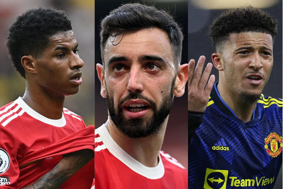 PEMAIN DIJANGKA DIKEKALKAN - MENYERLAH MUSIM INI: (dari kiri) Marcus Rashford, Bruno Fernandes dan Jadon Sancho . - Foto fail