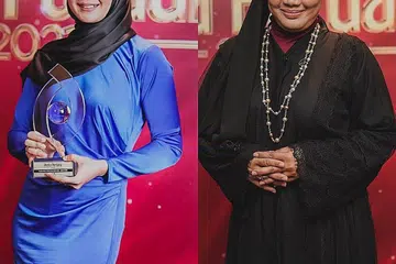 KEMATANGAN DIHARGAI: Di Singapura, watak berat yang memerah emosi pelakon dan membawa kepada kemenangan pada Pesta Perdana diberi kepada pelakon matang, Rosita Hussin (kiri) dan Eka Mairina. Rosita menyerlah sebagai ibu cacat pendengaran manakala Eka menghidupkan watak pembantu rumah yang berkorban tinggalkan anak sendiri di Indonesia demi menjaga anak majikan di Singapura. - Foto BH oleh NUR DIYANA TAHA