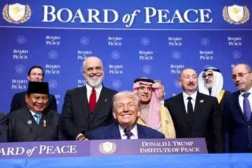 Presiden Amerika Syarikat Encik  Donald Trump dan pemimpin lain menghadiri mesyuarat sulung Lembaga Keamanan di Institut Keamanan Amerika di Washington, pada 19 Februari 2026