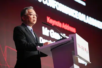 Timbalan Perdana Menteri merangkap Menteri Perdagangan dan Perusahaan, Encik Gan Kim Yong, menyampaikan ucapan semasa majlis makan malam gala sempena ulang tahun ke-60 piawaian Singapura di Hotel Shangri-La, Orchard, pada 11 Jun.