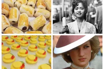 Kuih-muih era 1970-an dan 1980-an seperti bantal peluk Saloma (atas, kiri) dan biskut topi Diana (bawah, kiri) adalah antara sajian biskut Raya yang nampak glamor sebab menggunakan nama selebriti dan tokoh dunia seperti Puan Sri Saloma (atas, kanan) dan Puteri Diana Spencer.