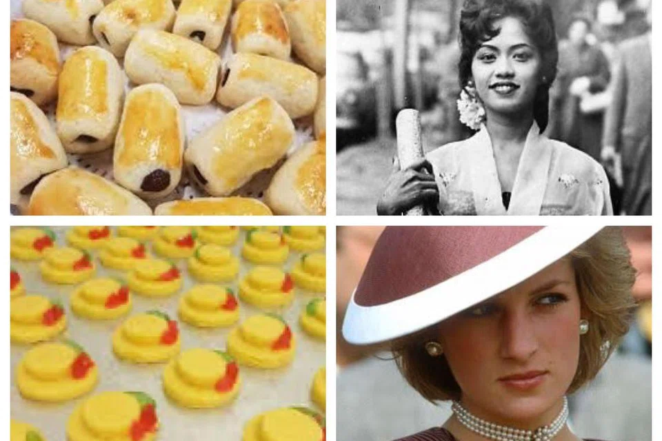 Kuih-muih era 1970-an dan 1980-an seperti bantal peluk Saloma (atas, kiri) dan biskut topi Diana (bawah, kiri) adalah antara sajian biskut Raya yang nampak glamor sebab menggunakan nama selebriti dan tokoh dunia seperti Puan Sri Saloma (atas, kanan) dan Puteri Diana Spencer.