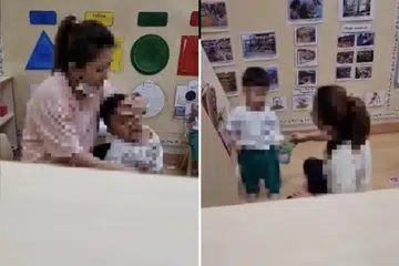 LAYANAN MEMBIMBANGKAN: Seorang guru prasekolah dipercayai dari Kinderland @ Woodlands Mart kelihatan sedang memaksa seorang murid meminum air dengan menarik kepalanya (kiri) serta memukul seorang lagi murid dengan buku (kanan).