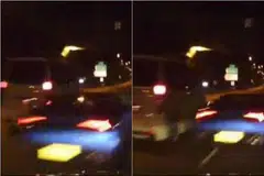 Kereta Lamborghini biru ini dirakam memecut melalui jurang sempit antara dua kereta. GAMBAR: SCREENGRAB DARI FACEBOOK VIDEO