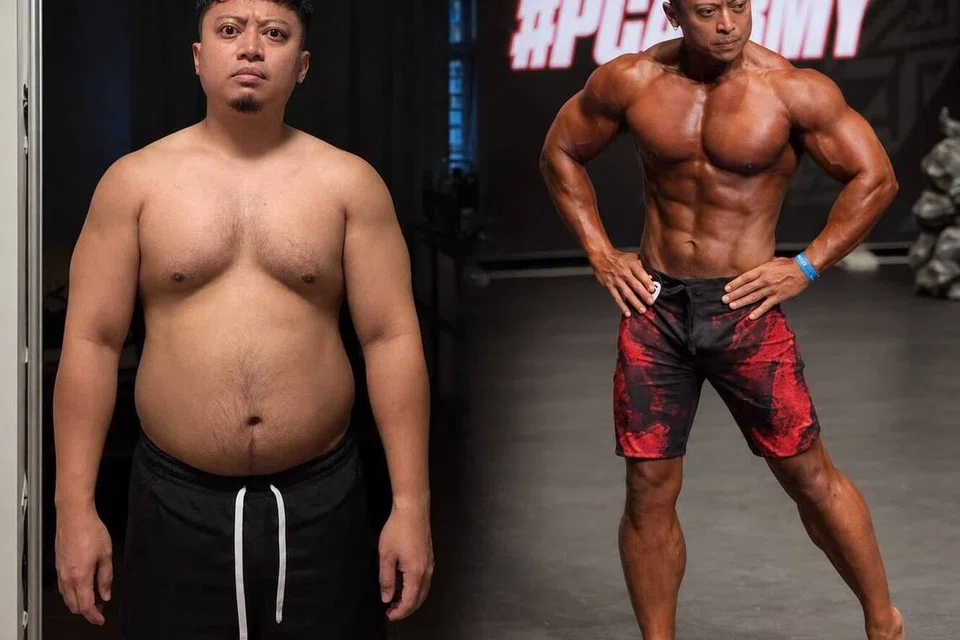 Perubahan fizikal Encik Muhammad Aidil Mohamed Sis daripada 92 kilogram pada November 2025 (kiri) kepada 71 kilogram pada Oktober 2026 (kanan), hasil usaha mengubah gaya hidup dan menjalani latihan secara konsisten.