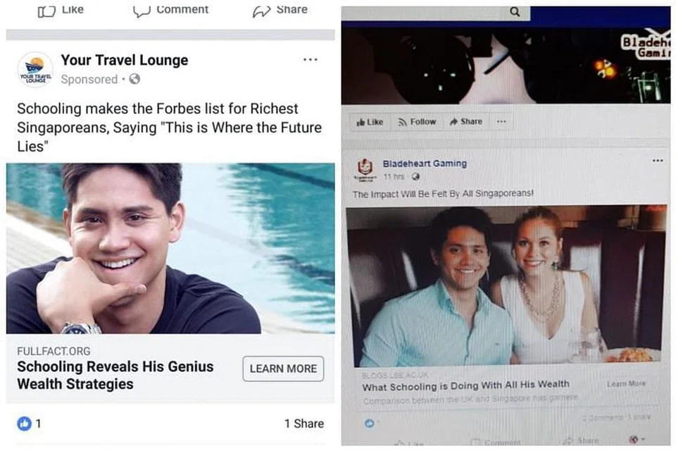 Iklan yang menggunakan nama dan gambar Joseph Schooling timbul di Facebook. Foto: FACEBOOK 