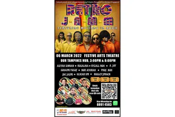 POSTER KONSERT AMAL: Penyanyi rok mapan, Moliano Rasmadi menampilkan sekumpulan artis dan pemuzik muda dan mapan tanah air bagi menjayakan 'Konsert Amal Retro Jamm' Ahad ini pada 3 petang dan 8 malam di Festive Theatre, Our Tampines Hub. - Foto UMASHA AL RAYYAN