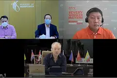 PERTINGKAT GOLONGAN PEKERJA BERGAJI RENDAH: (Barisan atas, dari kiri, ikut putaran jam) Encik Zaqy, Dr Tan, Encik Ng dan Dr Yap, mengongsi tentang masa depan memperluaskan PWM dan cabaran serta rundingan yang berlaku di balik tabir perbincangan model itu dalam satu sidang media melalui Zoom semalam. - TANGKAP LAYAR SIDANG MEDIA