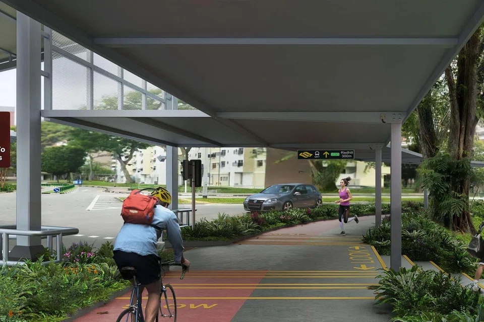 KETERHUBUNGAN DIPERTINGKAT: Laluan berbasikal serta laluan pejalan kaki berbumbung akan dibina untuk menghubungkan stesen MRT Redhill dan pusat bandar Bukit Merah.