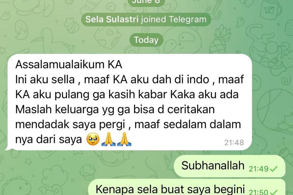Gambar tangkap skrin telegram sebagai bukti Sella pembantu wartawan yang keempat, kabur pada hari cuti dan lari pulang ke Indonesia pada Jun tahun lepas. 
