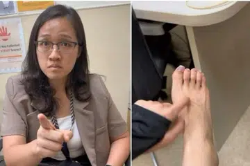 SOAL SIASAT: Tangkap layar video yang dimuat naik menunjukkan pegawai siasatan polis menyoal siasat wanita yang didakwa berkelakuan kesat secara lisan kepada kakitangan di Hospital Besar Singapura (SGH) pada Selasa.
