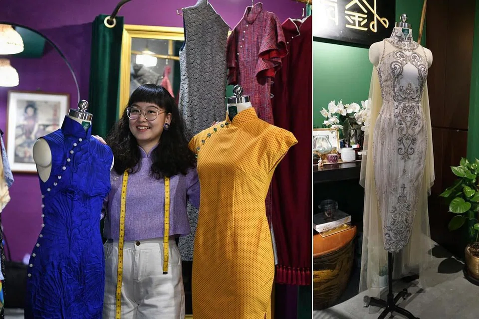 CIK HU: Hasilkan jenama pakaiannya, Studio HHFZ, pada 2018. Pada usia semuda 27 tahun, graduan jurusan Reka Bentuk Pakaian daripada Politeknik Temasek ini menempa nama sebagai tukang jahit khas untuk cheongsam. Cheongsam dengan lace bermanik serta cape (gambar kanan) antara rekaan kegemaran beliau. - Foto BH oleh ARIFFIN JAMAR dan foto ihsan STUDIO HHFZ