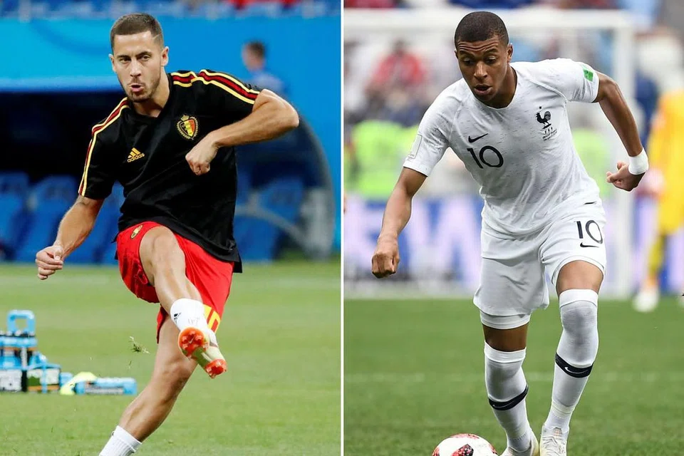 PERANCIS LAWAN BELGIUM: Perancis yang turut menampilkan penyerang muda Kylian Mbappe (jersi putih) pula akan berentap dengan Belgium yang membariskan Eden Hazard (jersi hitam) dalam separuh akhir pertama pada awal pagi Rabu. - Foto-foto AFP, REUTERS