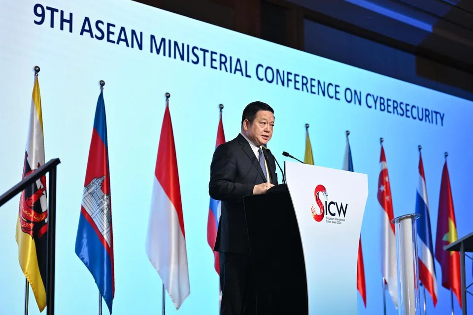 Dr Kao Kim Hourn, Setiausaha Agung Asean, berucap semasa  perasmian Persidangan Menteri Asean mengenai Keselamatan Siber di Pusat Ekspo dan Konvensyen Sands pada 16 Oktober.