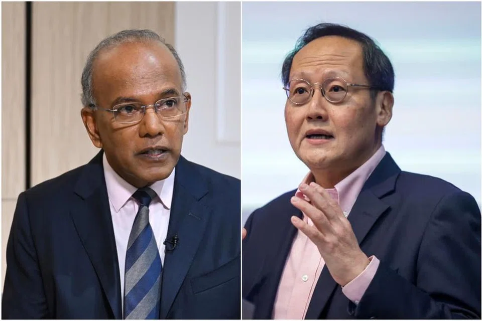 Menteri Undang-Undang merangkap Ehwal Dalam Negeri, Encik K. Shanmugam (kiri), dan Menteri Tenaga Manusia, Dr Tan See Leng, menyatakan tuntutan mereka dalam dokumen yang setiap satu sepanjang 49 muka surat. 