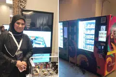 Cik Aida Amanda Atan ketika menghadiri satu forum perniagaan di Arab Saudi pada September 2023 dan sebuah mesin layan diri dikendali syarikatnya (kanan).