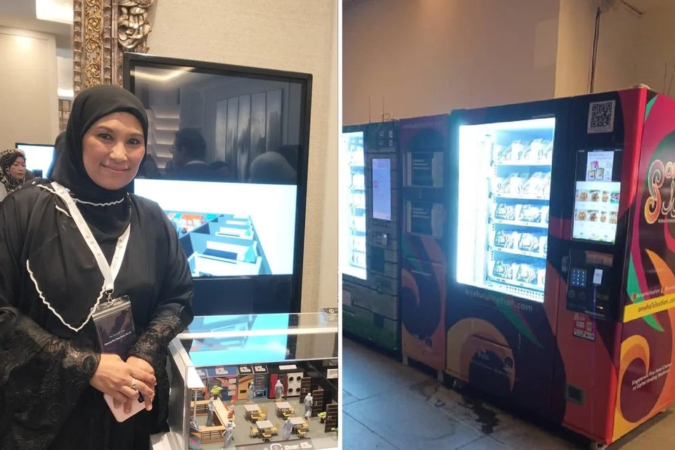 Cik Aida Amanda Atan ketika menghadiri satu forum perniagaan di Arab Saudi pada September 2023 dan sebuah mesin layan diri dikendali syarikatnya (kanan).