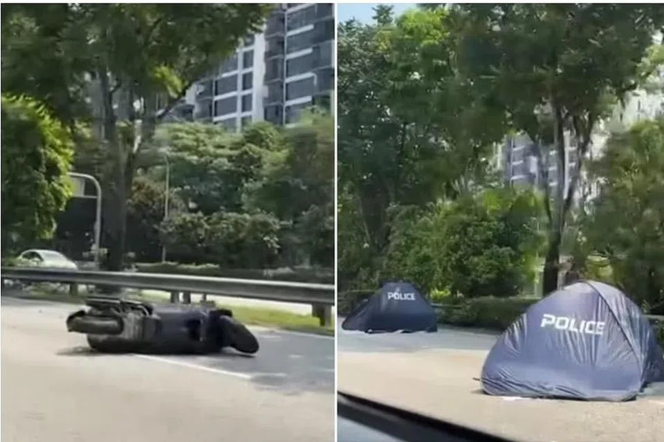 MAUT DI JALAN RAYA: Menurut akhbar Shin Min, terdapat dua khemah biru di tempat kejadian, dan sebuah lori di tepi jalan.