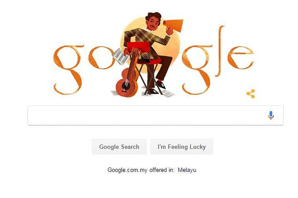 PENGHARGAAN BUAT SEORANG SENIMAN: Google memaparkan 'doodle' atau coretan wajah seniman P. Ramlee sempena kelahirannya hari ini 88 tahun lalu. Sepanjang perjalanan seninya, P. Ramlee merupakan seorang pelakon, pengarah, penulis dan komposer prolifik yang telah menyumbang lebih dari 60 karya filem dan menggubah sekitar 250 lagu. - Foto BERITA HARIAN