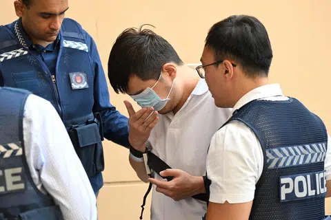 Davin Lian Ke Xiang yang didakwa terlibat dalam kes vandalisme dibawa semula ke tempat kejadian di Blok 296 Punggol Central, oleh pegawai polis pada pagi 31 Mac.
