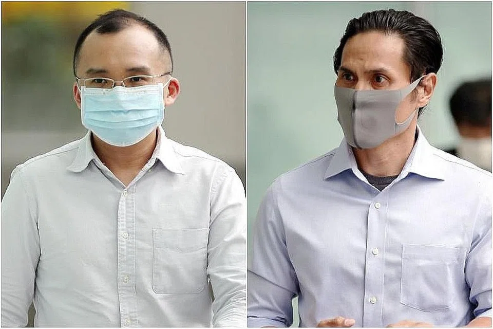 HADAPI TUDUHAN ASAL: Bekas komander rota Balai Bomba Tuas View Kenneth Chong Chee Boon (kiri) dan timbalan komander balai bomba itu, Nazhan Mohamed Nazi (kanan) didapati bersalah kerana secara senjaga membantu anggota pegawai bomba menyebabkan kecederaan serius kepada Koperal Kok Yuen Chin dengan bertindak terburu-buru yang membahayakan nyawa manusia. - Foto BH oleh TIMOTHY DAVID