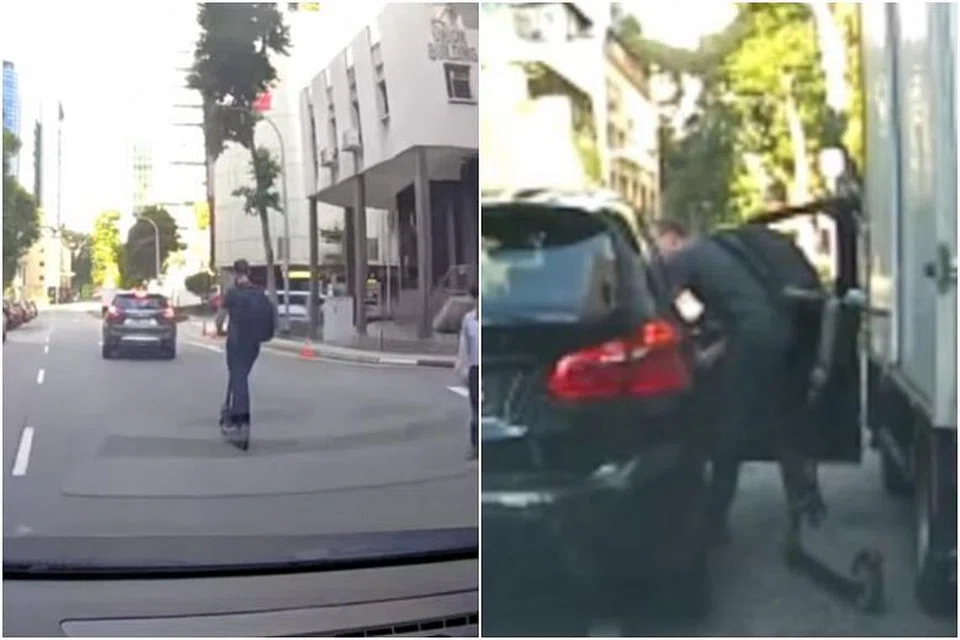 Pertengkaran antara pengguna PMD dan pemandu kereta di Enggor Street terakam dalam video yang dimuat naik di Facebook. FOTO: TANGKAP LAYAR YOUTUBE/SGROADVIGILANTE