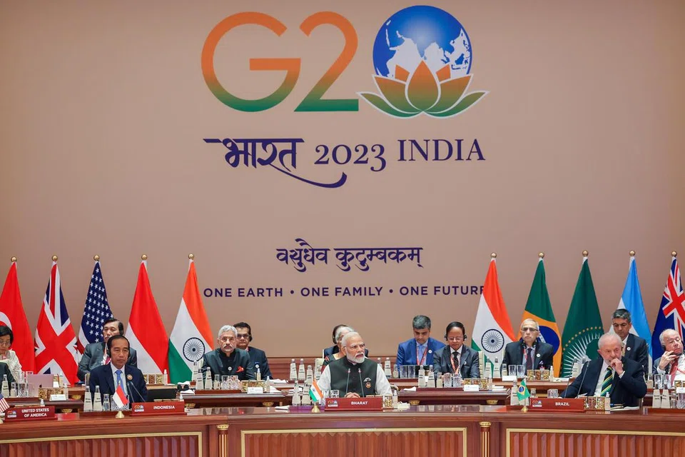 PERBINCANGAN PEMIMPIN NEGARA: Perdana Menteri India Narendra Modi (tengah) berucap semasa Sidang Puncak G20 di Pusat Konvensyen ITPO Pragati Maidan di New Delhi, India pada Sabtu. Sidang Puncak Ketua Negara dan Pemerintah G20 berlangsung di ibu kota India.