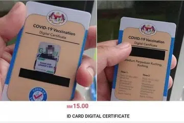 DOKUMEN PALSU: Penjualan kad fizikal dalam talian yang tertera sijil digital vaksinasi Covid-19 yang dicetak dan dijual pada harga RM15 ($5). - Foto PEMBACA BHM