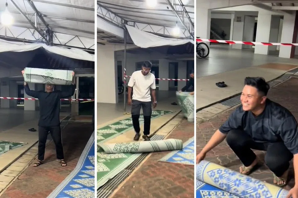 Encik Luqman (kiri) muncul sebagai juara, sementara Encik Syahirullah (tengah) kelihatan menendang tikar itu dan Encik Khidir (kanan) pula menyelesaikan tugas itu dengan perlahan sambil menyangkung.