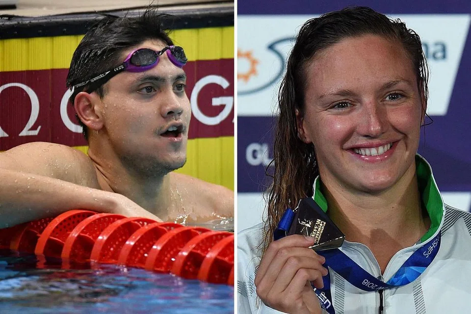 BARISAN BINTANG BERTANDING: Antara atlit yang akan bertanding di kejohanan Piala Dunia Fina Singapura termasuk jaguh Olimpik Singapura Joseph Schooling (kiri) dan pemenang pingat emas Olimpik berganda dari Hungary Katinka Hosszu. - Foto BH oleh CHONG JUN LIANG, AFP