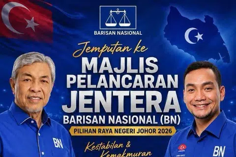 Poster Majlis Pelancaran Jentera Barisan Nasional (BN) yang akan berlangsung pada 7 Jun untuk menghadapi Pilihan Raya Negeri Johor ke-16.