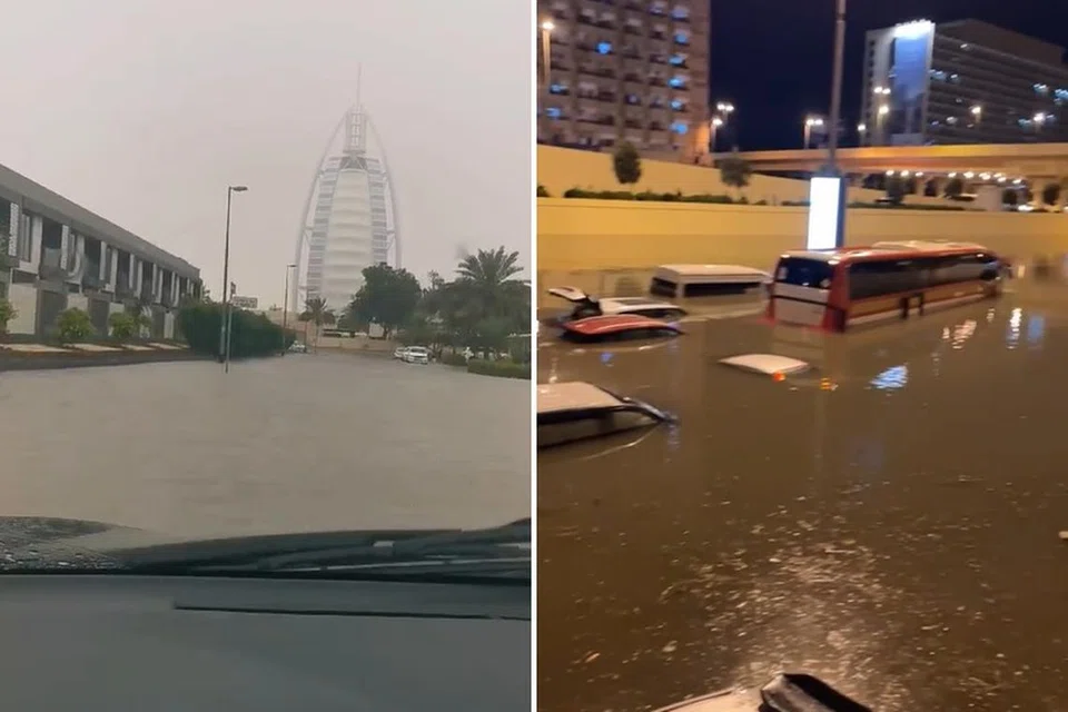Keadaan banjir pada 16 April di daerah Jumeirah, berhampiran tempat tinggal Encik Rosebi di Umm Suqeim 3 (kiri) dan berdekatan tempat kerja isterinya di Pusat Kewangan Antarabangsa Dubai (kanan).