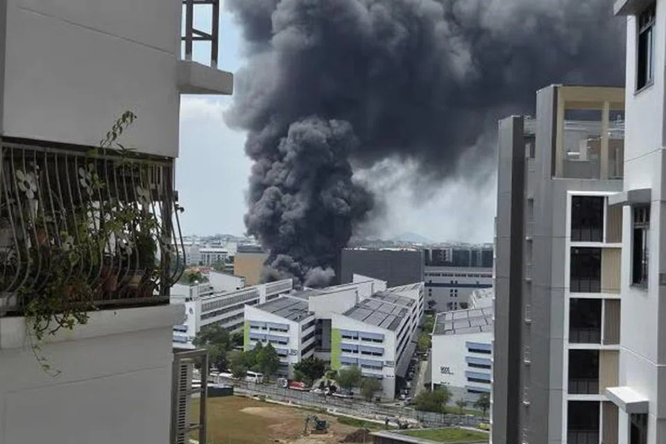 Kebakaran dan asap tebal dapat dilihat dari Blok 722, Bedok Reservoir Road.