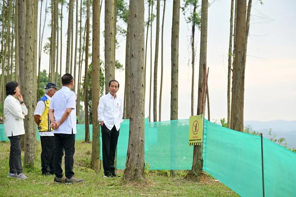 MULAKAN PROJEK: Presiden Indonesia, Encik Joko Widodo (kanan) berada di atas bukit di mana terlihat jelas suasana pembangunan Ibu Kota Nusantara dengan bangunan yang sudah berdiri dan prasarana kota yang sedang dibangunkan. 