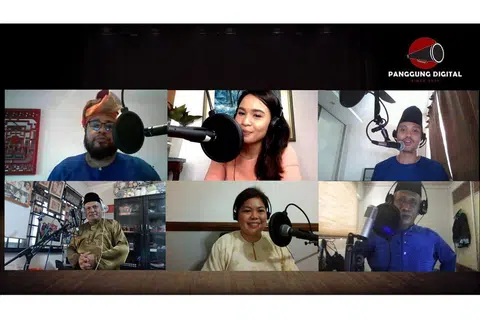 GABUNGAN SUARA LAMA DAN BARU: Panggung Digital merupakan usaha terkini penggiat seni seperti (dari kiri atas, mengikut putaran jam) Saiful Amri Ahmad Elahi, Farhana M Noor, Fir Rahman, Nadiputra, Dalifah Shahril dan M Saffri A Manaf mengetengahkan seni lakonan suara persis di radio dalam kaedah baru di YouTube. Seorang lagi penggerak projek itu adalah anak M Saffri, M Fadlin. - Foto ihsan SAIFUL AMRI AHMAD ELAHI