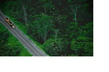 ARANG BATU: Foto menunjukkan dua buat trak sedang mengangkut arang batu melewati kawasan perlombongan di Kalimantan Utara.