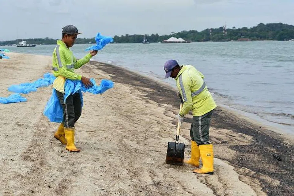 Kontraktor NEA daripada Ramky Cleantech Services Pte Ltd membersihkan pasir daripada kesan minyak di Pantai Changi pada 5 Jan. 