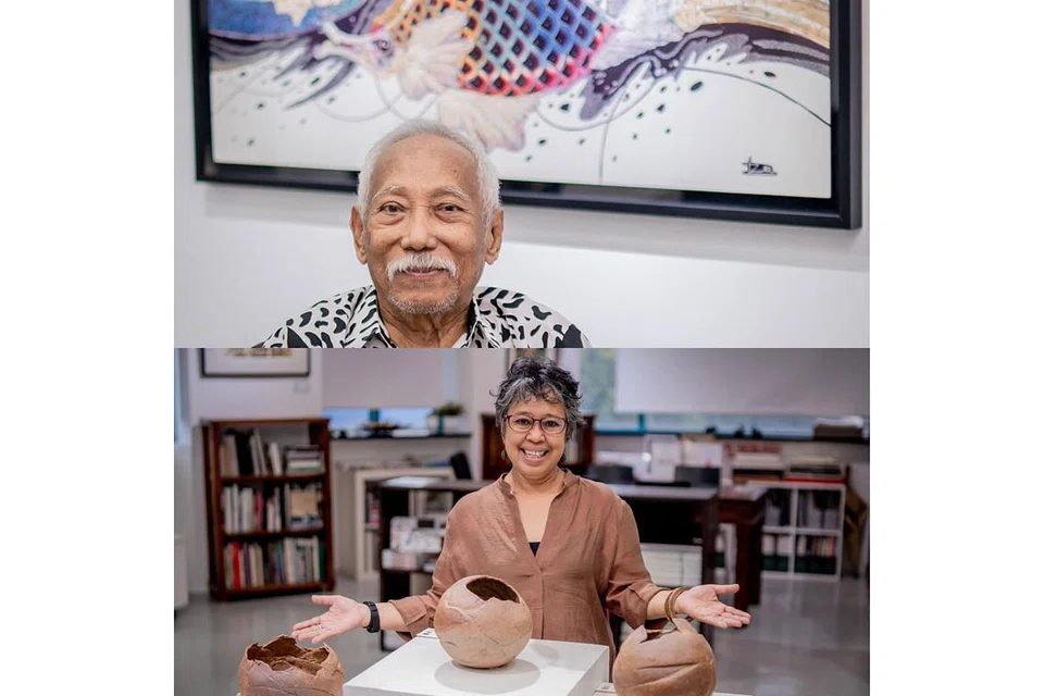 REFLEKSI KARYAWAN SENI MAPAN: Encik Sarkasi Said (petak atas) menghasilkan lukisan batik yang mengingatkannya tentang terumbu karang dan hidupan laut di Hawaii manakala Dr Suriani Suratman menghasilkan siri tembikar 'Fragile Earthscape' yang mengajak orang ramai merenung semula kerosakan yang dibawa pada bumi yang rapuh. 