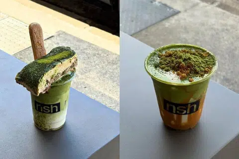 Tambahan minuman terkini seperti ‘Matchamisu’ (kiri) – gabungan ‘matcha ‘dan pencuci mulut ‘tiramisu’ (berperisa kopi), dan ‘Biscoff Biscuit Matcha’ (tambahan biskut).