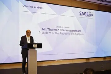 Presiden Tharman Shanmugaratnam berucap semasa Sidang Puncak SCWO bagi Kesaksamaan Jantina di One Farrer Hotel pada 5 September 2024. 