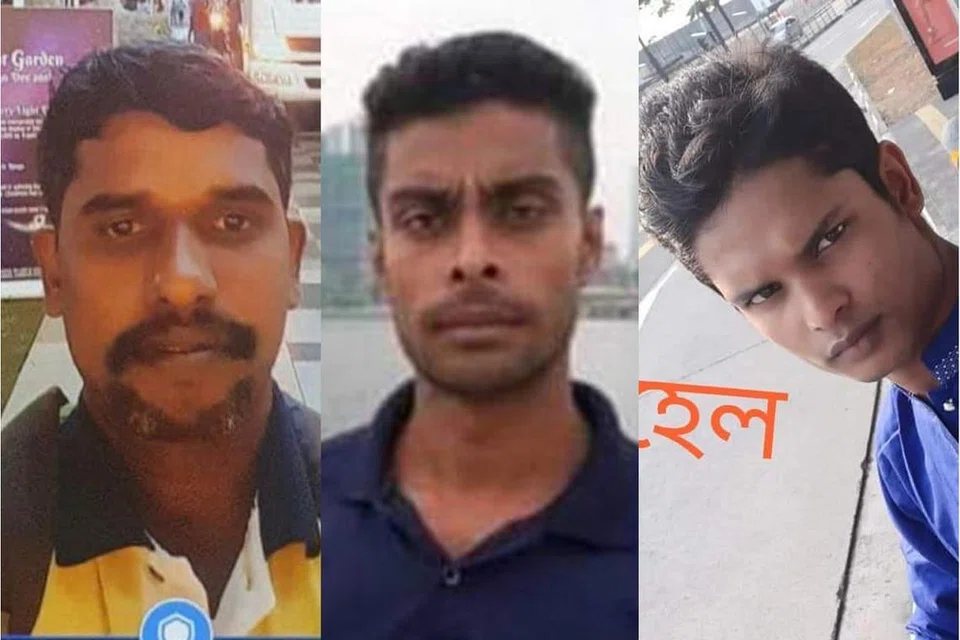 TRAGEDI KEBAKARAN TUAS: (Dari kiri) Encik Marimuthu, Encik Anisuzzaman dan Encik Shohel merupakan tiga pekerja asing yang terkorban dalam kebakaran di Tuas minggu lalu. - Foto-foto ITSRAININGRAINCOATS