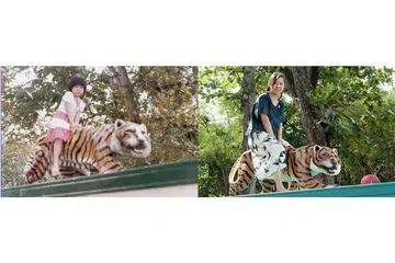 DAHULU DAN SEKARANG: Jurugambar Cik Deanna Ng yang mengikut aksi yang sama ketika gambar beliau dirakam semasa kecil di Haw Par Villa. - Foto NG KOK KEONG/KOH TONG WEY
