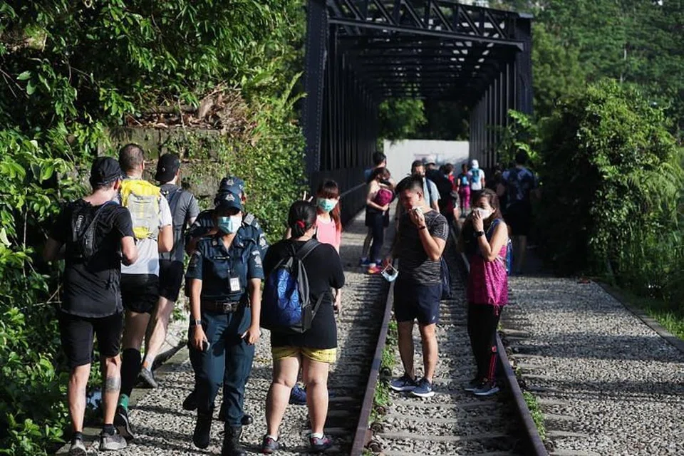 Orang ramai di Jambatan Kekuda Upper Bukit Timah di Koridor Rel (Tengah) pada Sabtu (8 Mei).